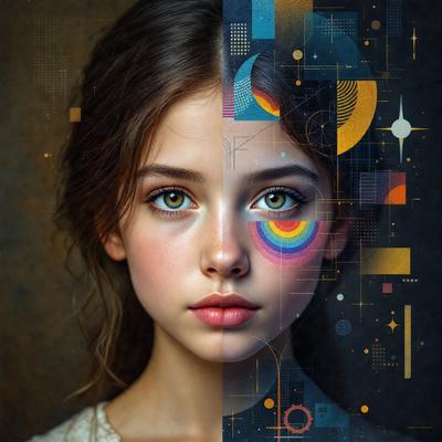 The primary subject of the image is a young girl with a unique and artistic appearance. She has a colorful design on her face, which adds a vibrant and creative touch to the scene. The setting is a room with a wall, and the visual style is a combination of a photo and digital art. The colors and mood of the image are lively and energetic, with the girl's face being the main focus of the picture.